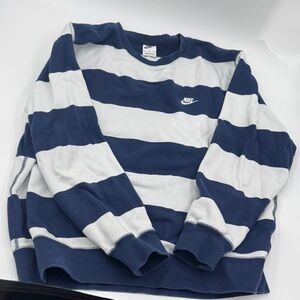 Nike Men's Striped French Terry Navy and White Crewneck Sweatshirt